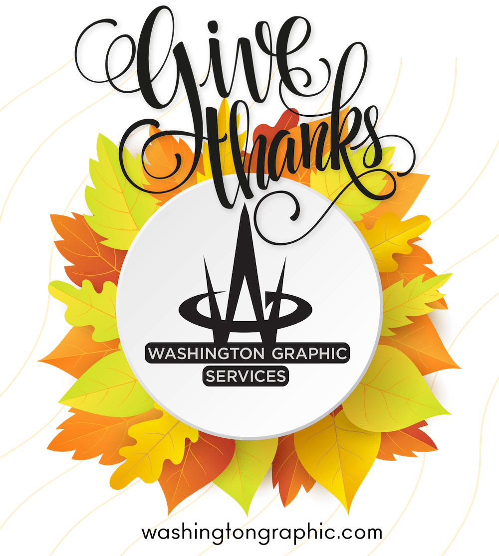pile of leaves behind Washington Graphic Services logo