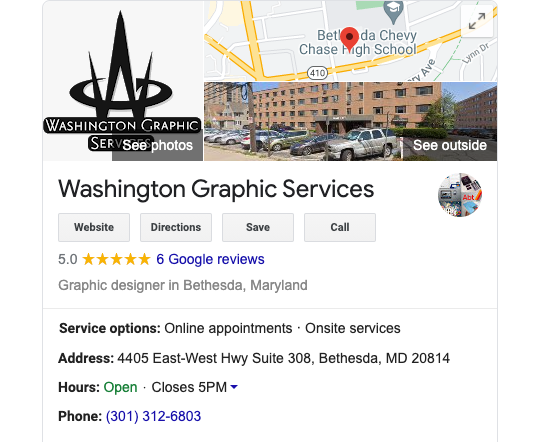 Google Knowledge Panel for Washinton Graphic Services
